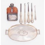 Collection of silver items including small tray flask, A/F, boot hooks etc