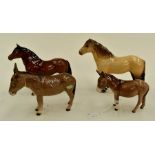 Four Beswick figures including Dartmoor pony number 1642, Highland pony number 1644, donkey number