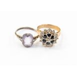 A sapphire and diamond cluster ring set in 9ct gold, size N1/2,  together with a 1920's silver and