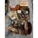 A collection of copper, brass and metal wares with some vintage tins and tea wares