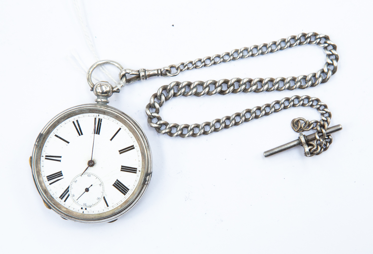 A silver cased, 19th Century pocket watch and chain, 4.3 ozt approx