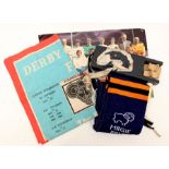 Derby County 1970's tea towel, scarf, FA Cup rattle and team photo