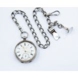A pocket watch (silver cased) with chain, hallmarked whistle and pipe lamper? - attachment, gross
