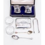 A small parcel of mixed silver to include napkin rings one cased pair (initialled) Birmingham 1911