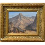 English School, 19th Century, Arabian mountain scene with camels, oil on board, 8 x 23.5 cms approx