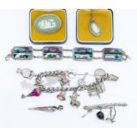 A collection of silver and white metal jewellery to include a knife brooch with kettle, seed pod and