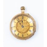 A 14ct gold ladies open faced pocket watch, gold tone dial with folitae decoration, numerals, dial