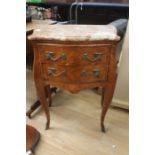 A French style serpentine marble top kingwood bedside cabinet, fitted with two drawers on cabriole