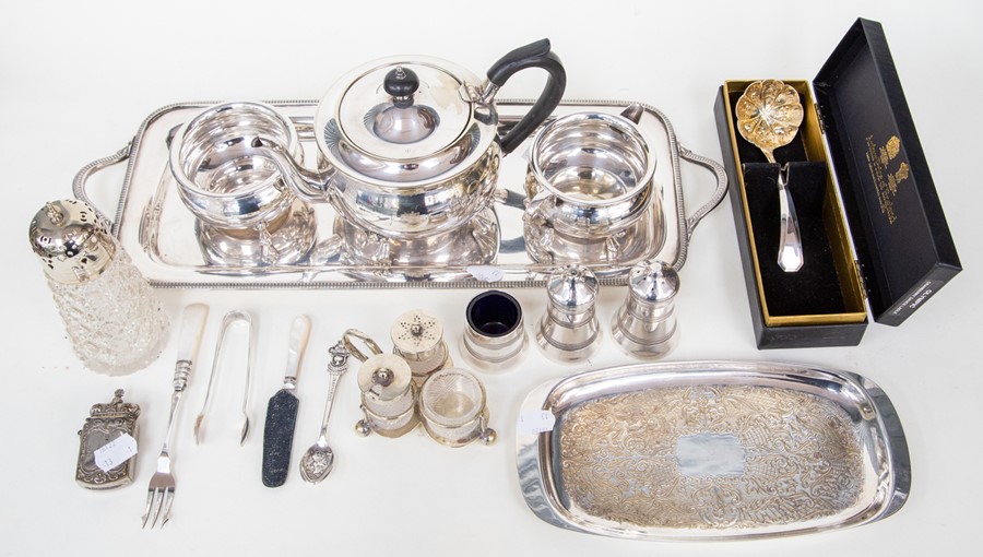 Collection of plated items including a tea set, condiment set and other items