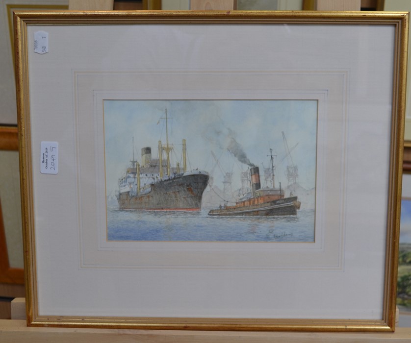 A collection of seven naval and harbour scene watercolours, including HE Day, Sketch of Aberystwyth,