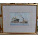A collection of seven naval and harbour scene watercolours, including HE Day, Sketch of Aberystwyth,