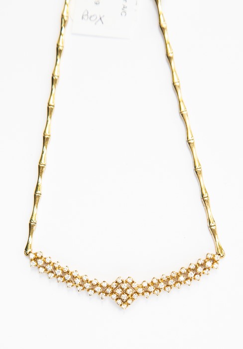 A diamond necklace, diamond set cluster detail set to the front to a bamboo link chain in 18ct gold, - Image 2 of 2