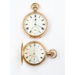 A gold plated hunter pocket watch white enamel dial top wind and subsidiary,  dial diameter approx