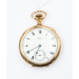 A Waltham gold plated open faced pocket watch, white enamel dial, diameter approx 42mm, case