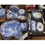 Three boxes of Spode blue and white ceramics, to include; tureen, plates, kettle, butter dish and