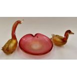 Pair of Murano glass stylish pink/gold shaped pond dish, 32 cms diameter, together with pair of