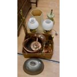 Two brass oil lamps, copper coal scuttle, copper kettle, brass fire dogs and a companion A/F,