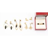 Two pairs of Cuban 18k drop earrings set black coral and a pair of stud earrings set black coral