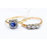 An Edwardian synthetic sapphire ring, square cut, diamond set surround, A.F stone missing, 18ct