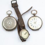 Two continental silver fob watches and a 1920's silver cased wristwatch (3)