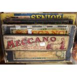 Meccano sets in two boxes plus early hinged tin 'Royal Meccano', along with Trix construction set