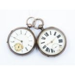 Two silver cased open faced pocket watches, both enamel dials and subsidiary dials, both a/f chips