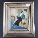 20th century School, Portrait of a lady reclining on a bed, oil on board. indistinctly signed,
