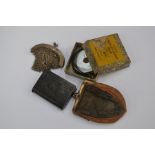 Vesta case Commemorating Edward VII death, tape measure, chatelaine purse, leather purse