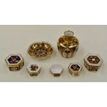 Royal Crown Derby Old Imari tray and vase, seconds, both gold band and five hexagonal pill  boxes,