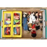 Two Pelham puppets to include two clowns, together with a selection of costume dolls (one box)