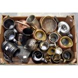 A collection of metal ware including copper, brass, pewter, simulated pewter; mugs, jugs, teapot etc
