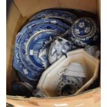 A group of Staffordshire blue and white ceramics including Willow pattern and Royal Copenhagen