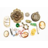 A collection of costume jewellery to include gilt metal and banded agate rock crystal pendant, metal