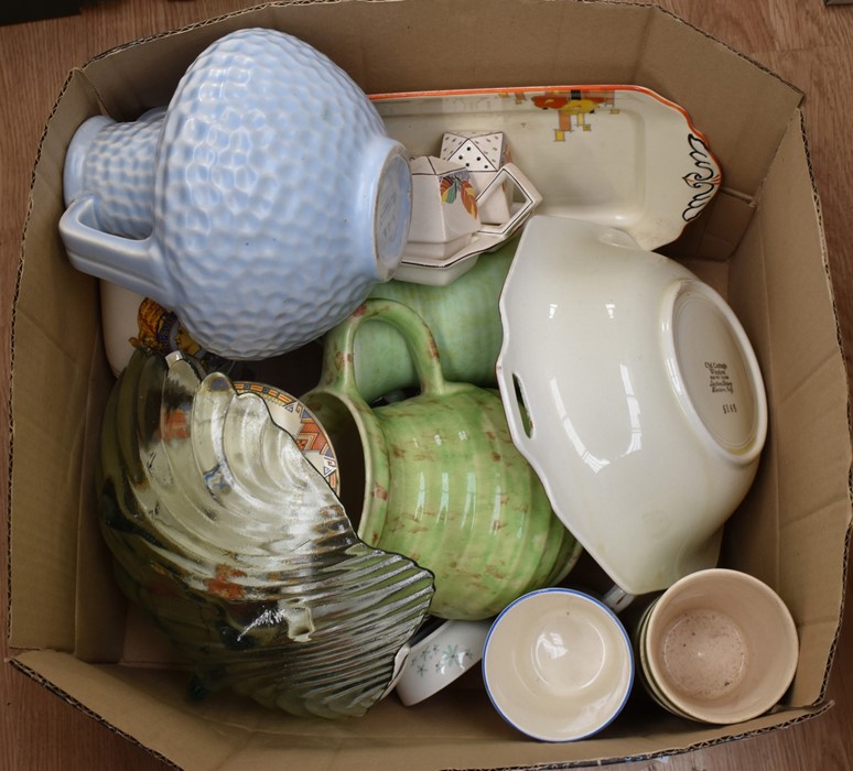 A box of mixed 1930's Art Deco ceramics, Coronation Commemorative Wares, Glass bowl in shell form,