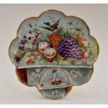 An Aynsley hand painted sweet meat tray, depicting fruit and flowers, having gilt edges