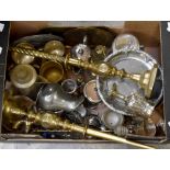 Collection of brass and plated wares including candlesticks, tea wares and flat ware