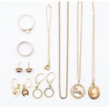 A collection of 9ct gold and unmarked yellow metal jewellery to include rings, earrings, chains