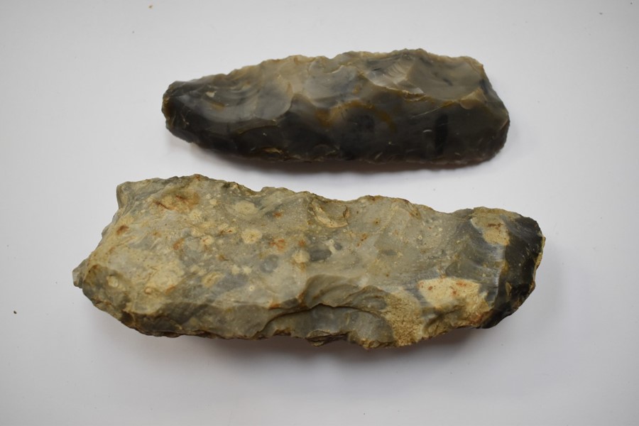 Two Prehistoric Flint Axeheads, A mesolithic tranchet axe/adze circa 9000-4000 BC, some damage at
