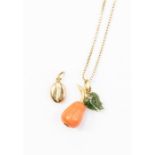 An 18ct gold pendant comprising coral in the form of a pear with agate leaf,  total gross weight