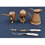 Copper jug, copper egg warmer, copper sauce warmer, Crown Derby Olde Avesbury carving knife and