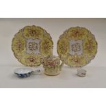 Two Meissen cabinet bowls with yellow ground and gilt detail A.F and Continental ceramic watering