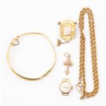 A collection of gold jewellery to include a 9ct gold rope chain, bangle with foliate decoration a/