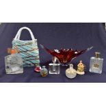Studio glass handbag and bowl along with seven scent bottles, bag, A/F