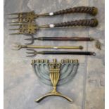 A Jewish candle stand, toasting forks to include Indian brass and horn etc (6)