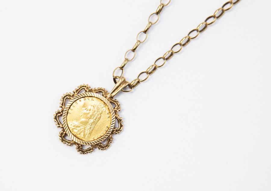 A half Sovereign mounted in 9ct gold, with a 9ct gold belcher chain, total gross weight approx.