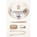 A Mappin & Webb muffin dish, sherry drink label x2, tongs, propelling pencil (5)