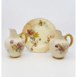 Two Royal Worcester blush ivory hand painted flat back jugs, late Victorian, RD number 29115,