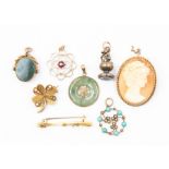 A collection of jewellery to include a 15ct gold and diamond floral bar brooch, total gross weight