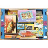 Tinplate; collection of 14 boxed tinplate friction and clockwork toys including battery operated