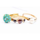 Three gold rings comprising a turquoise set ring stamped 750 a/f stone rising, total gross weight